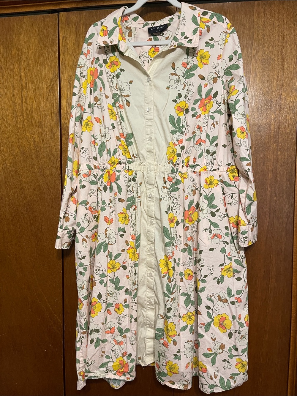 Lane Bryant 26 Shirt Dress Cream and Coral Pink Floral Long-Sleeve Midi